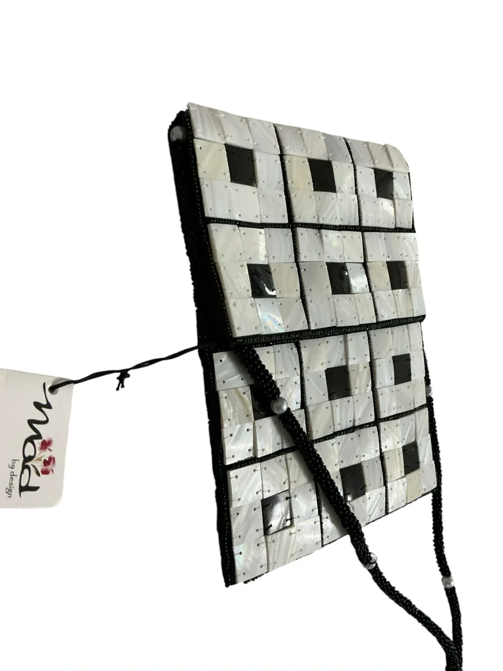 Handmade Mother of Pearl & Natural Horn Beaded Crossbody Bag Black White